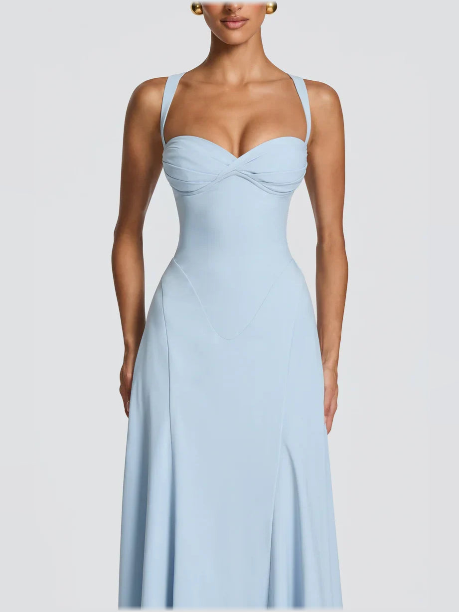 Light blue sweetheart corset formal dress with thin straps and fitted bodice