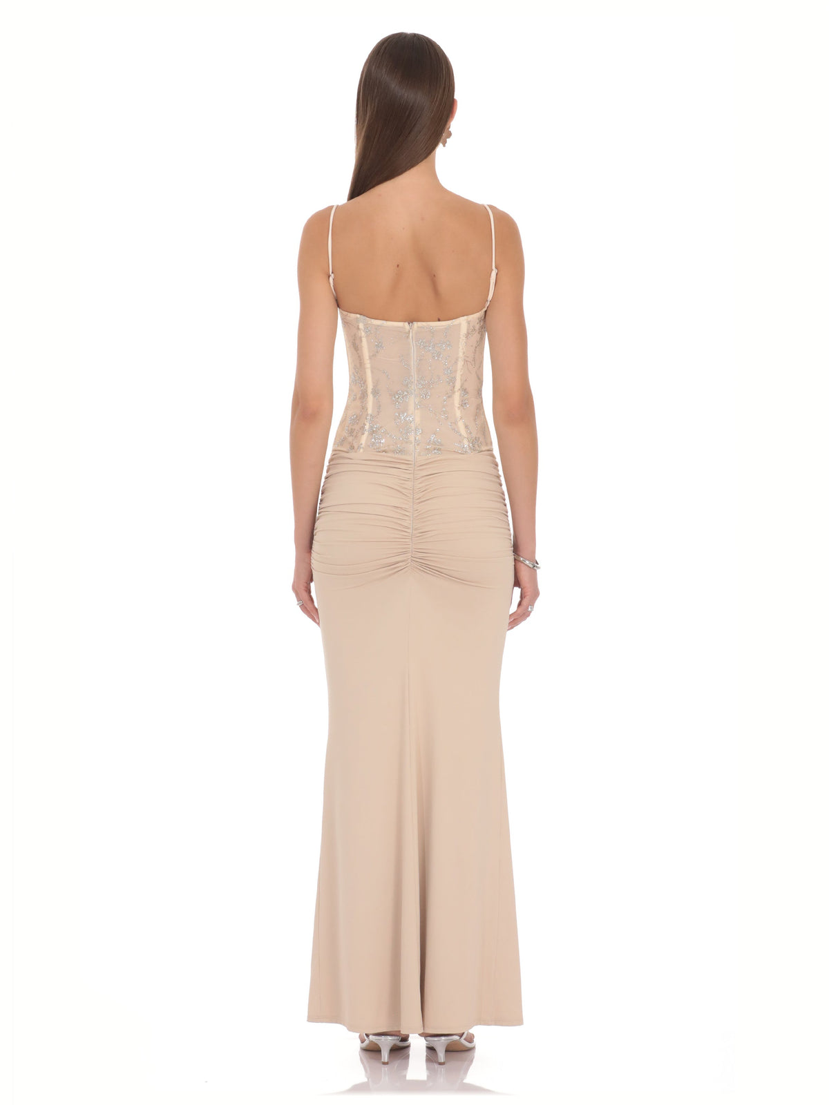 Champagne bridesmaid dress with structured woven fabric construction and maxi hem