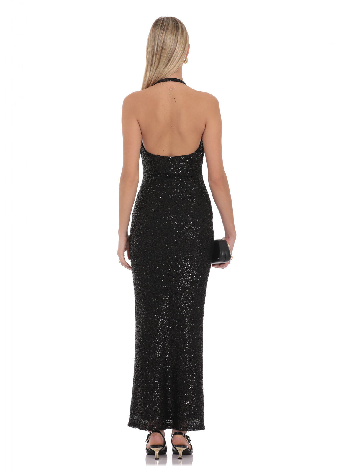 Black bridesmaid dress with mesh construction and maxi hem