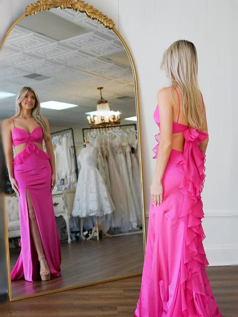 Fuchsia satin prom dress back view with open cutout straps and ruffled skirt