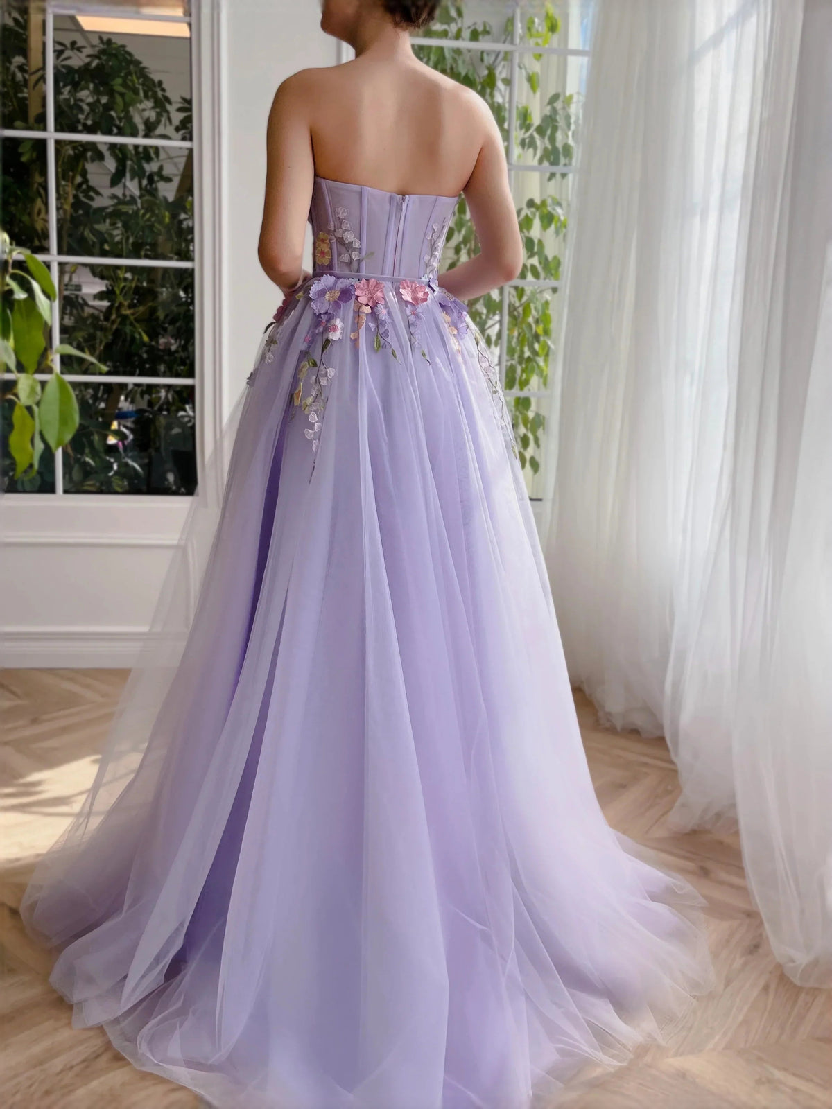 Lavender tulle corset prom dress, floral applique bodice, open back and A-line skirt