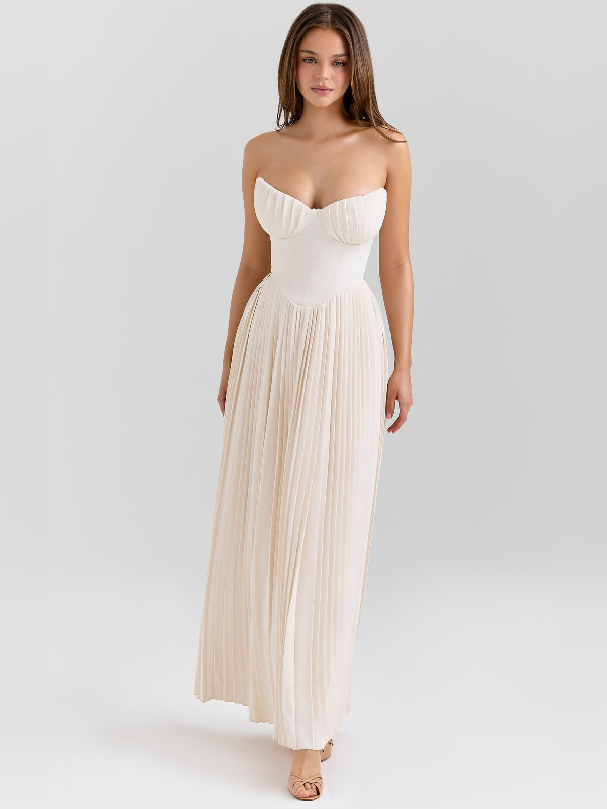 Ivory sweetheart bodice pleated maxi dress with spaghetti straps, floor-length