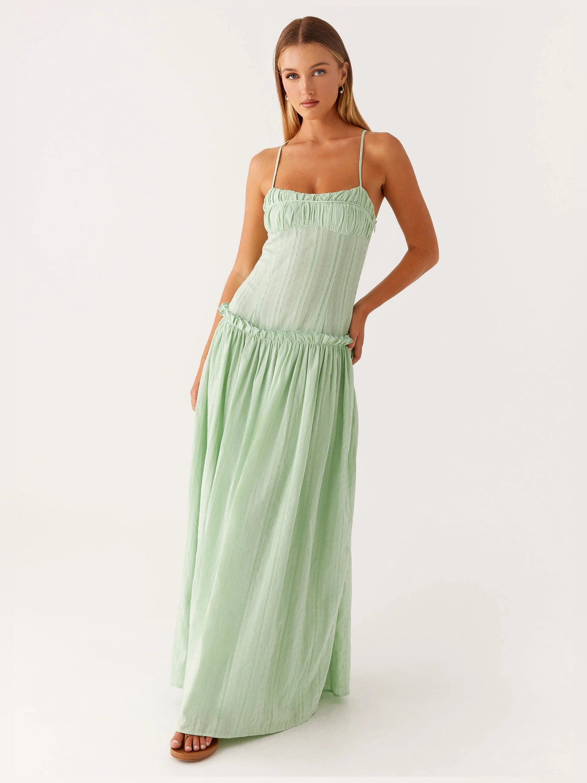 Sage a-line maxi formal dress with square neckline, alternate full-length view