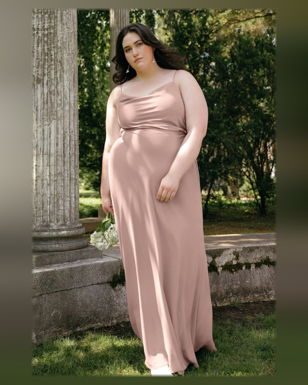 Apricot draped cowl-neck A-line formal dress, floor-length, spaghetti straps