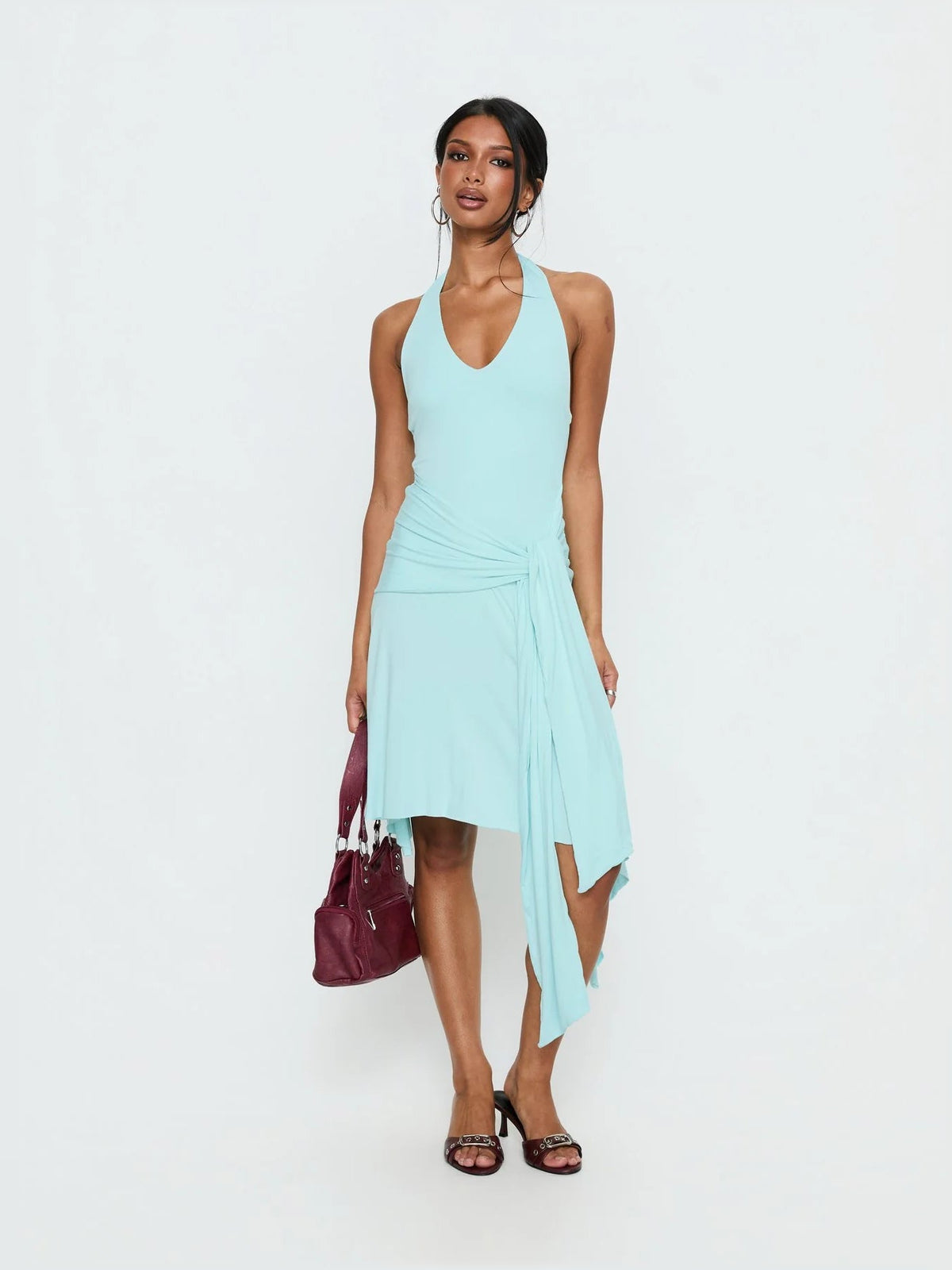 Turquoise asymmetrical halter jersey midi dress with layered fabric and knotted waist