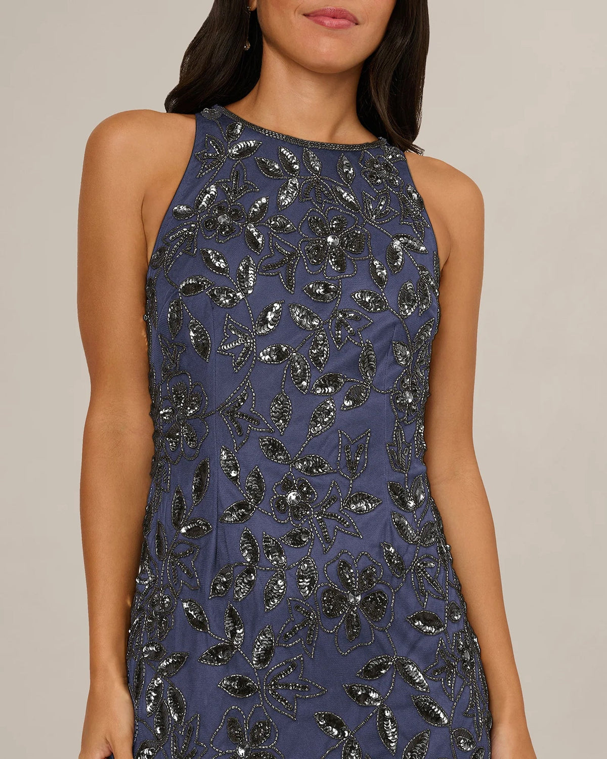 Dusty periwinkle sleeveless dress with beaded floral pattern and rounded neckline