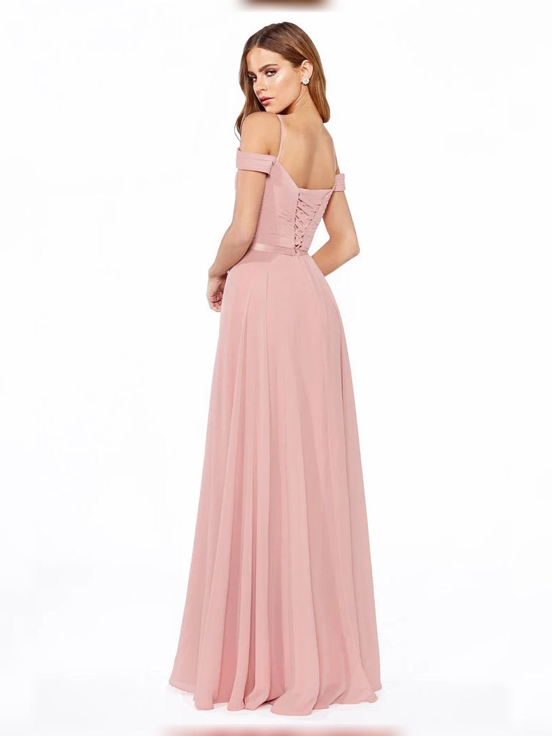 Dusty rose ruched sweetheart A-line chiffon dress, off-shoulder sleeves, floor length