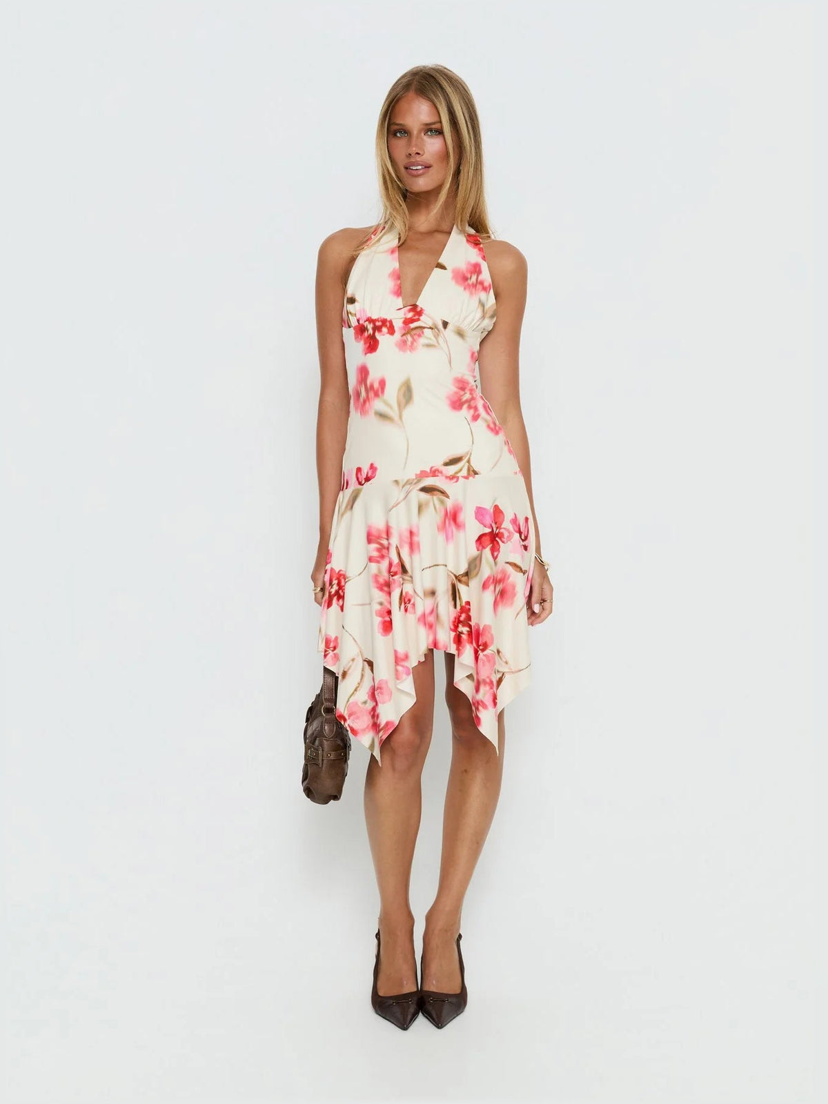 Cream floral halter asymmetrical midi dress with sleeveless tiered ruffle hem