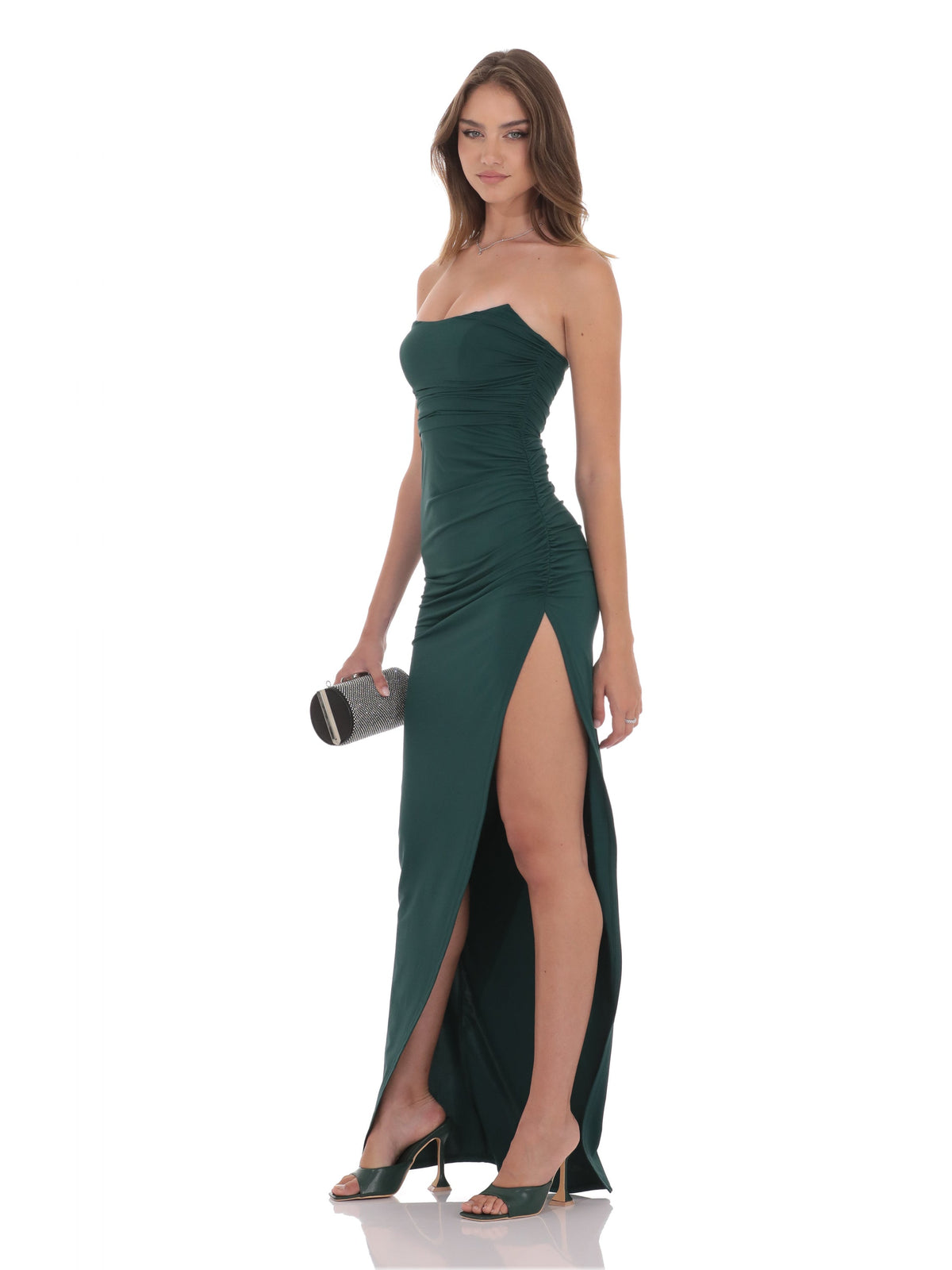 Green bridesmaid dress with structured woven fabric construction and maxi hem