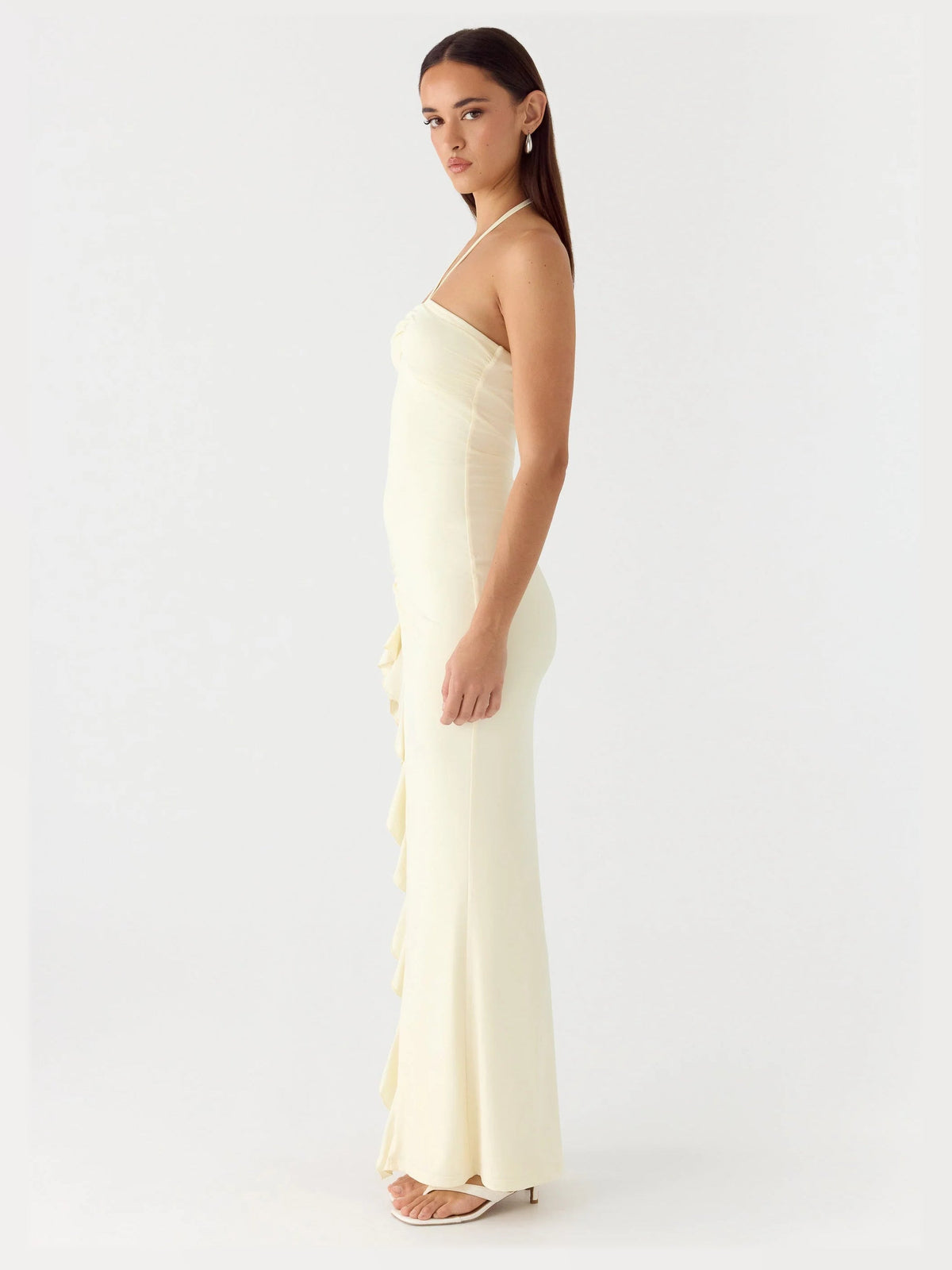 Lemon Yellow maxi formal dress, alternate full-length view showing the waistline