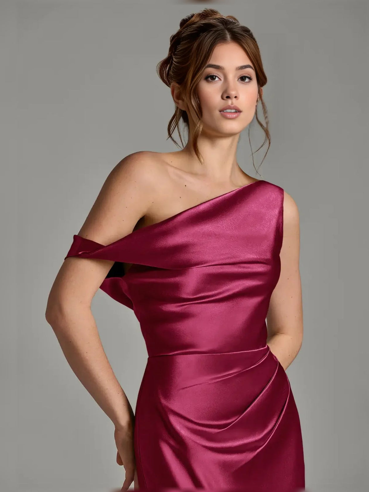 Burgundy off-shoulder satin mermaid dress, close-up of neckline and waist ruching