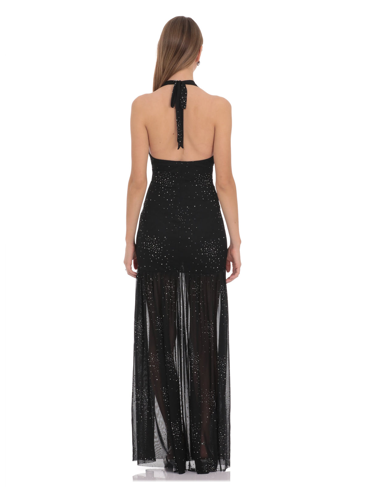 Black bridesmaid dress with structured woven fabric construction and maxi hem