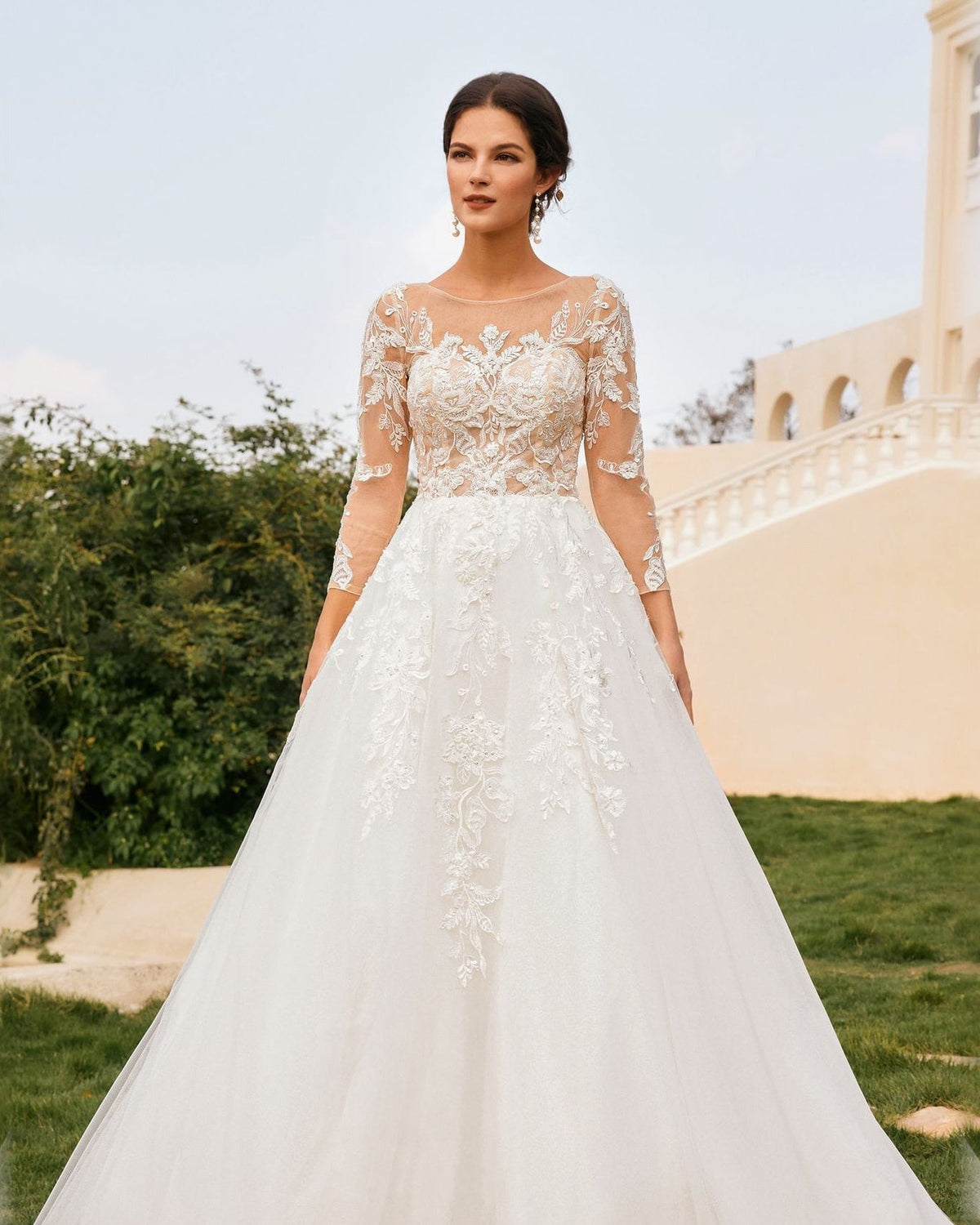 bateau neck lace sleeve tulle a-line wedding dress - image 4