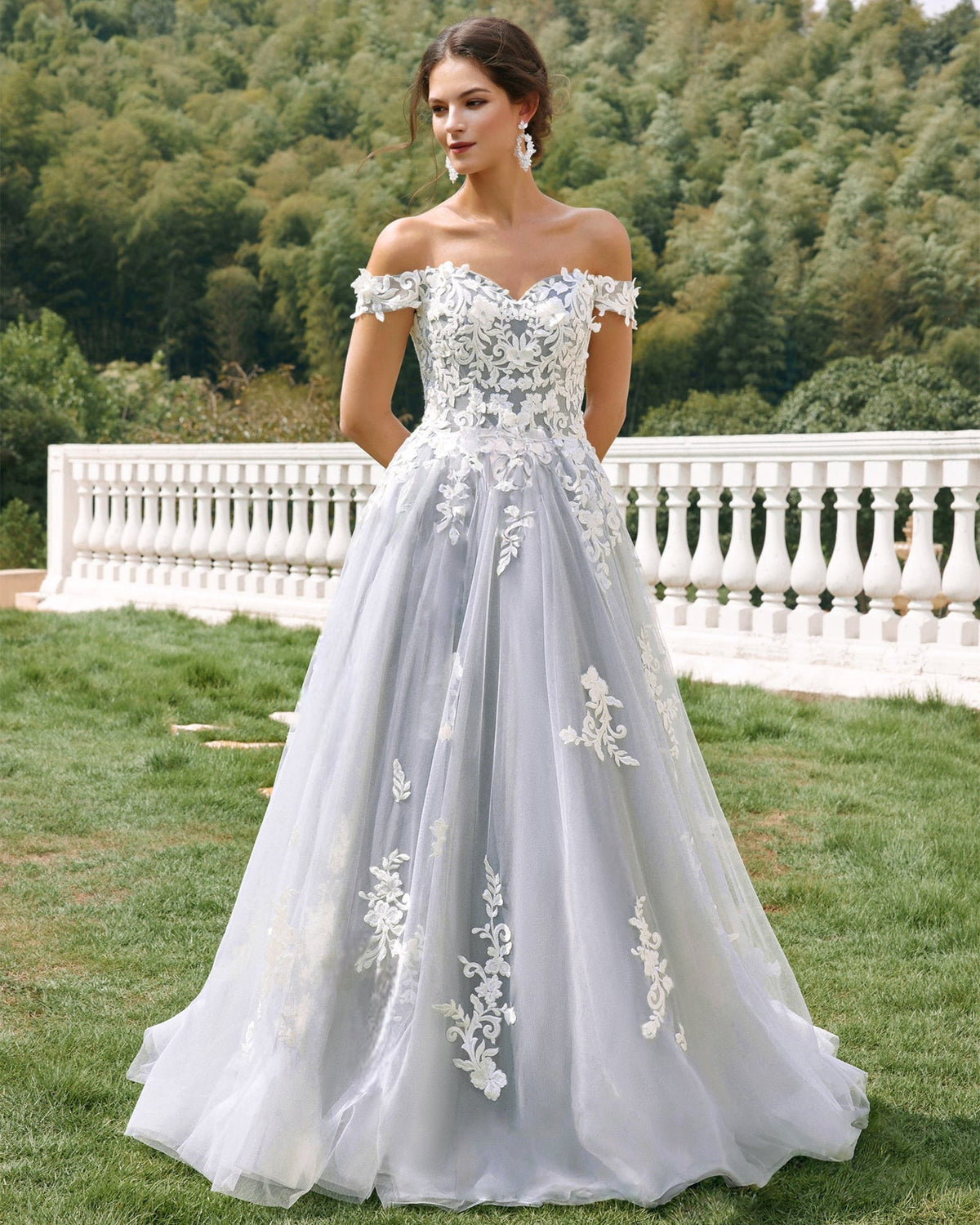 off-shoulder lace applique tulle ball gown wedding dress - image 4