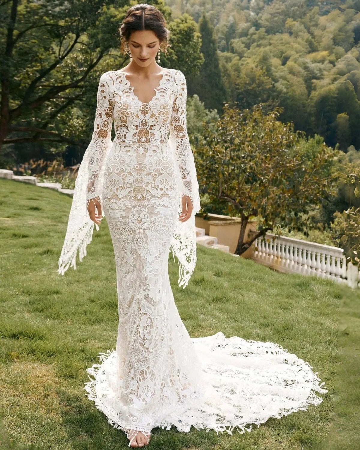 fringe bell sleeve lace mermaid wedding dress - image 4