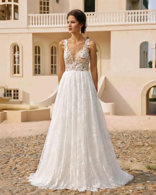 plunging v-neck lace embroidered a-line wedding dress - image 4