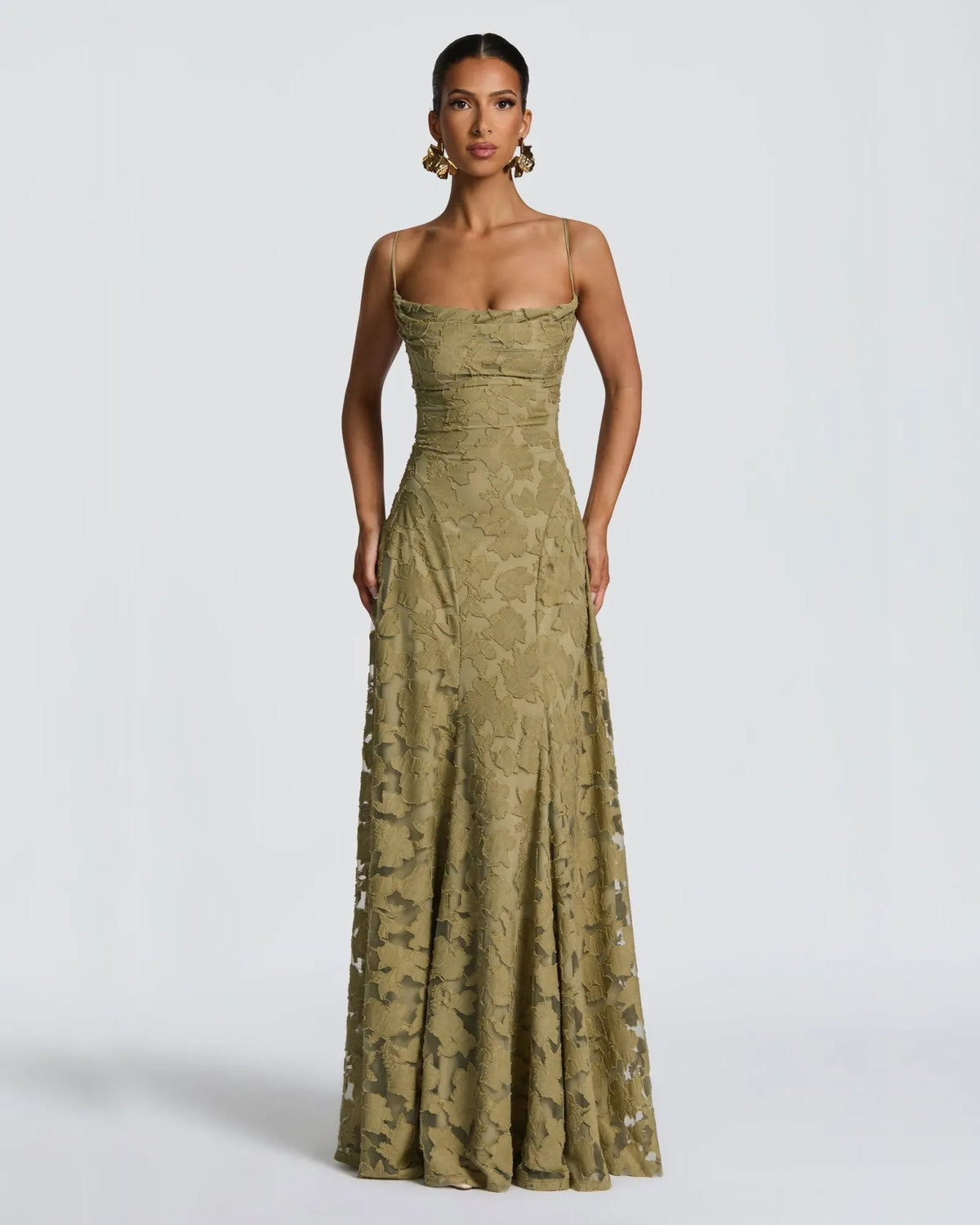 Olive floral lace A-line formal dress with fitted waist and flared skirt