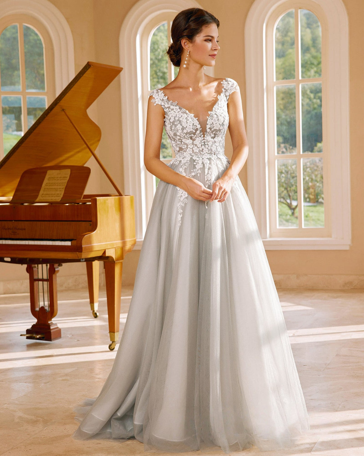 cap sleeve v-neck lace applique a-line wedding dress - image 4