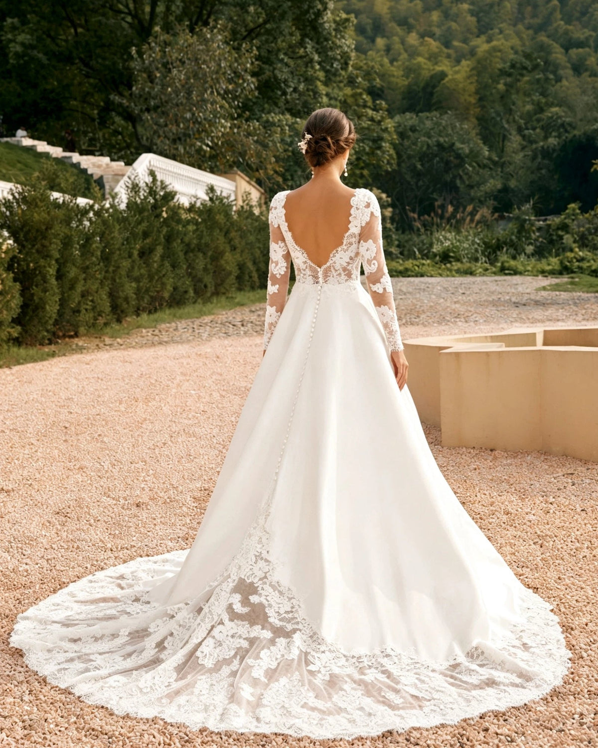 long sleeve lace bodice satin a-line wedding dress - image 4