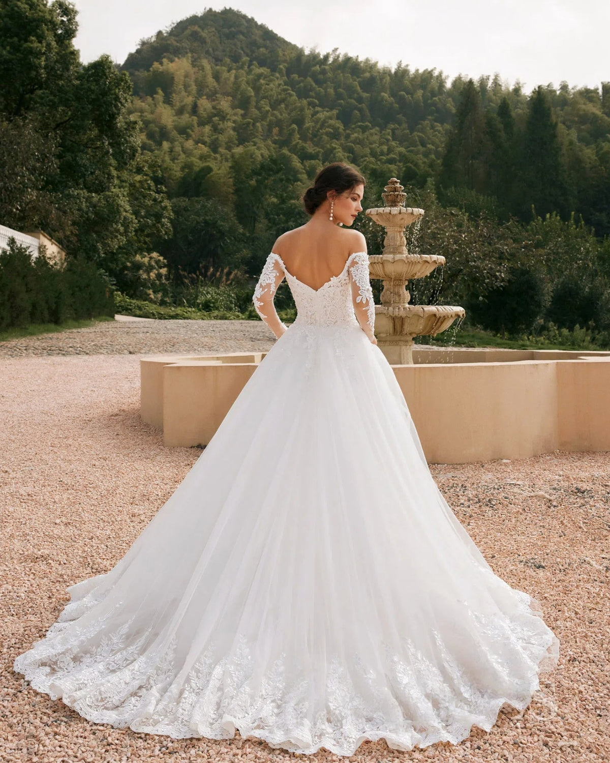off-shoulder lace sleeve tulle wedding ball gown - image 4