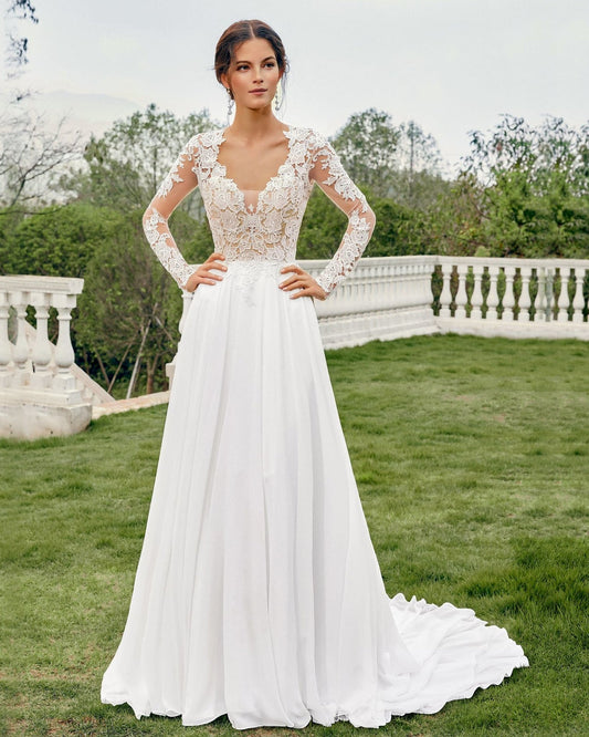v-neck long sleeve lace chiffon a-line wedding dress - image 4