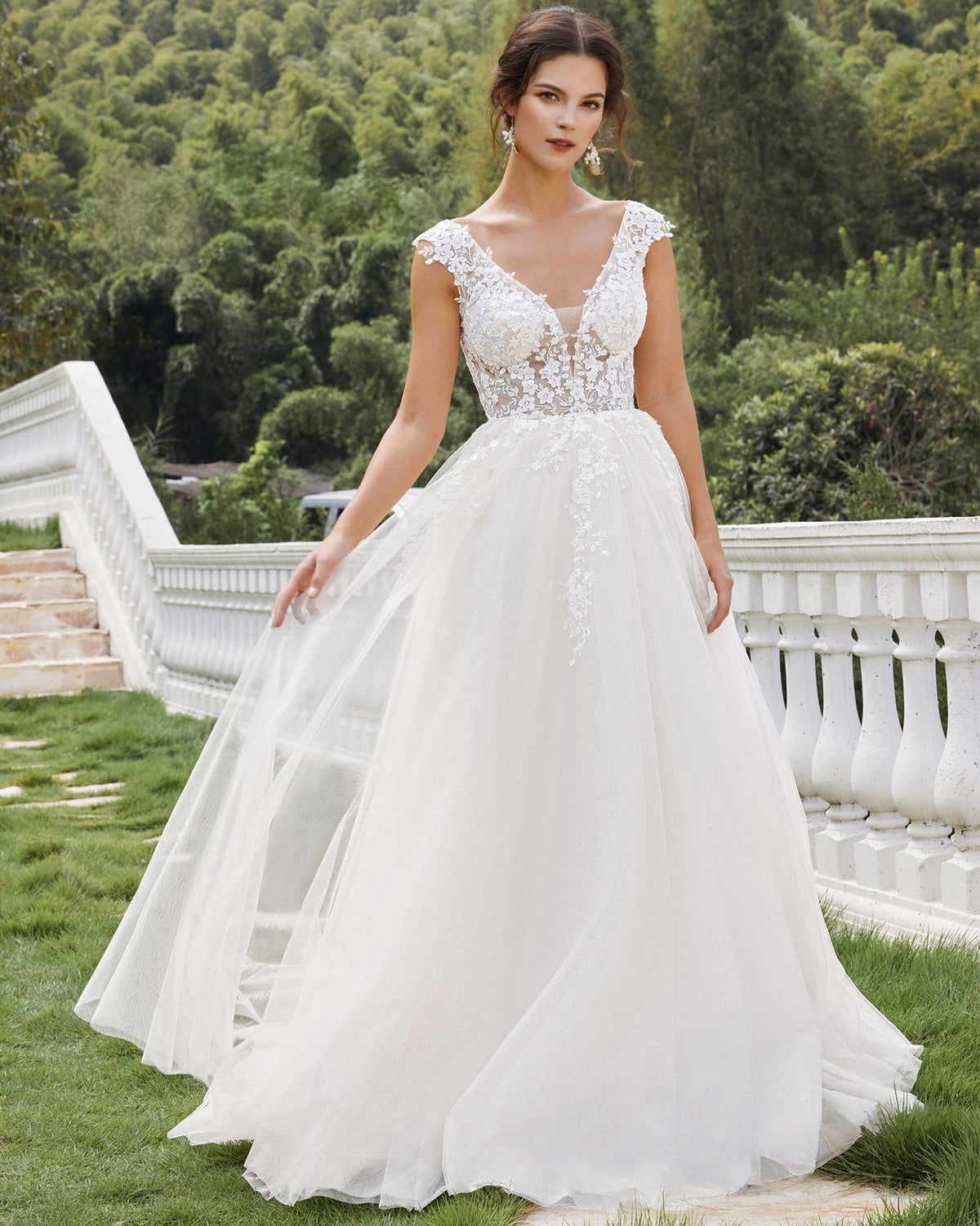 sleeveless v-neck lace tulle a-line wedding dress - image 4