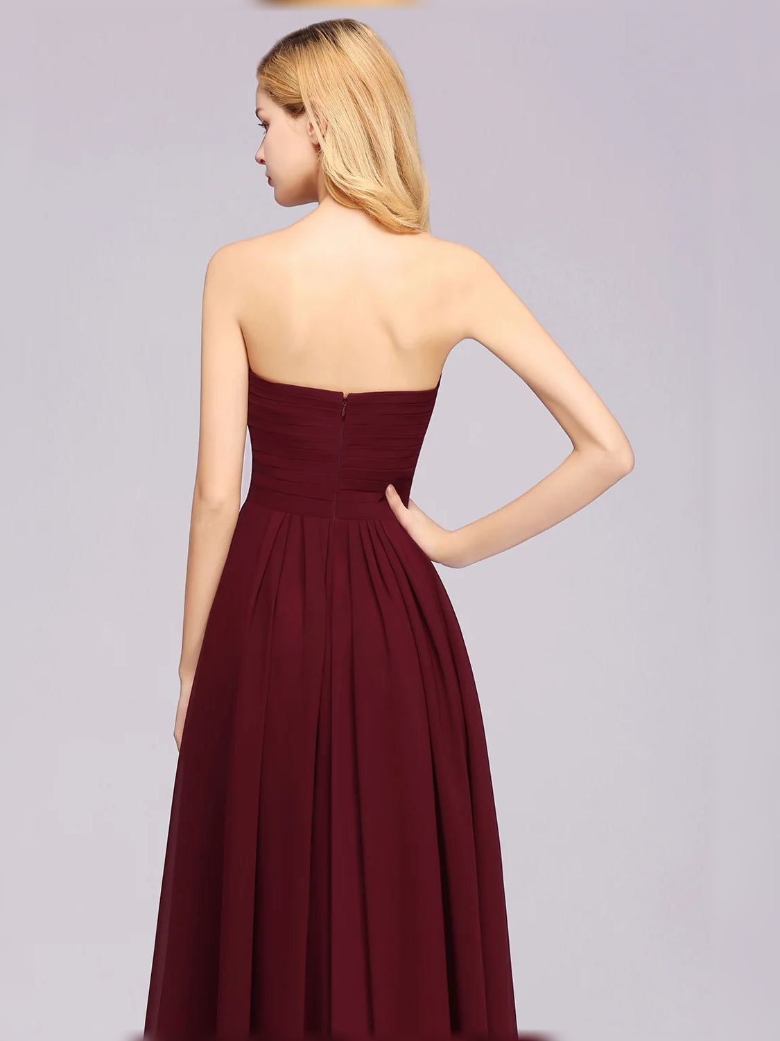 Burgundy strapless sweetheart chiffon A-line dress, ruched back bodice, pleated skirt