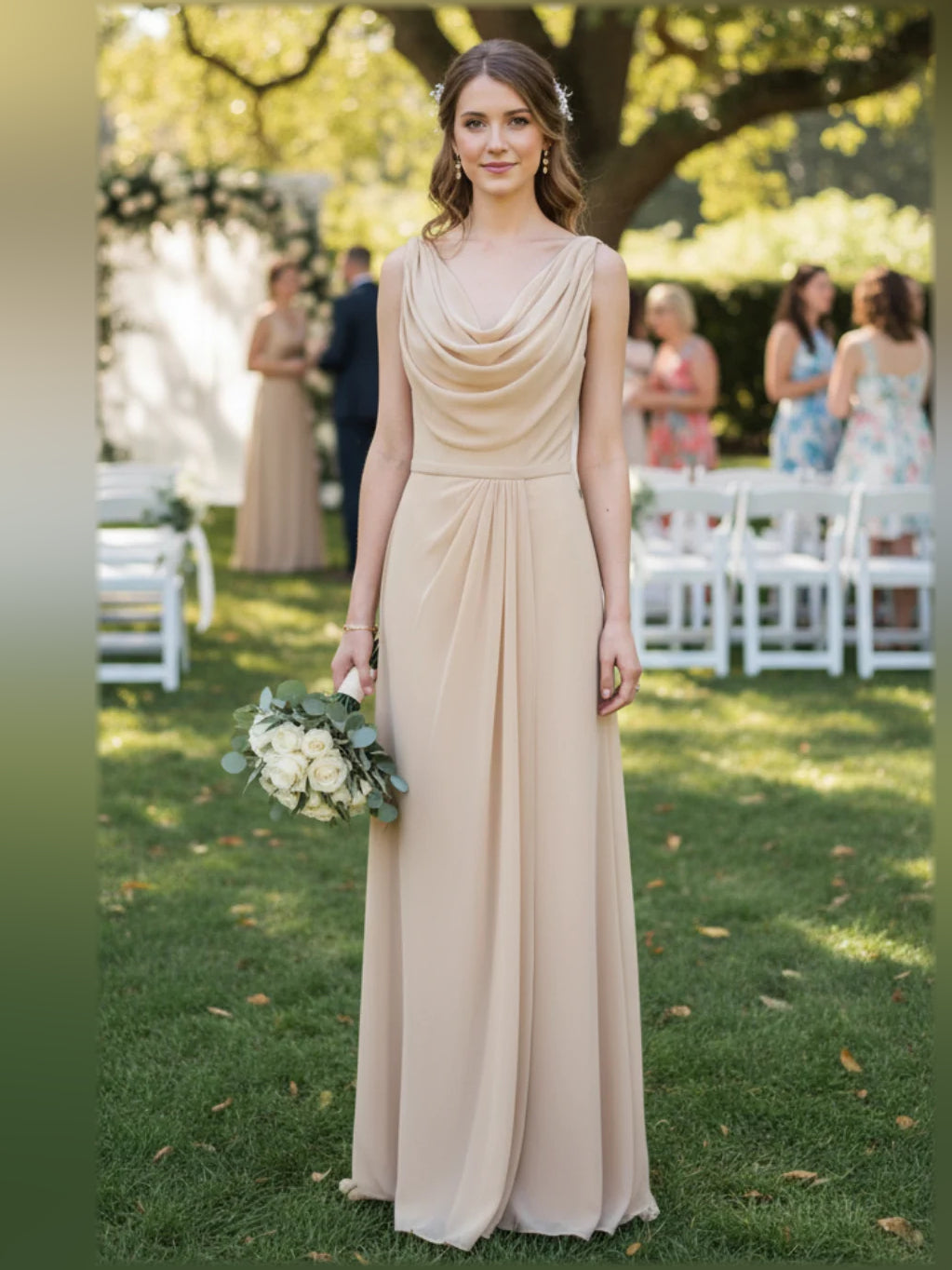 Beige cowl-neck sleeveless maxi dress with draped bodice, gathered waist, and chiffon