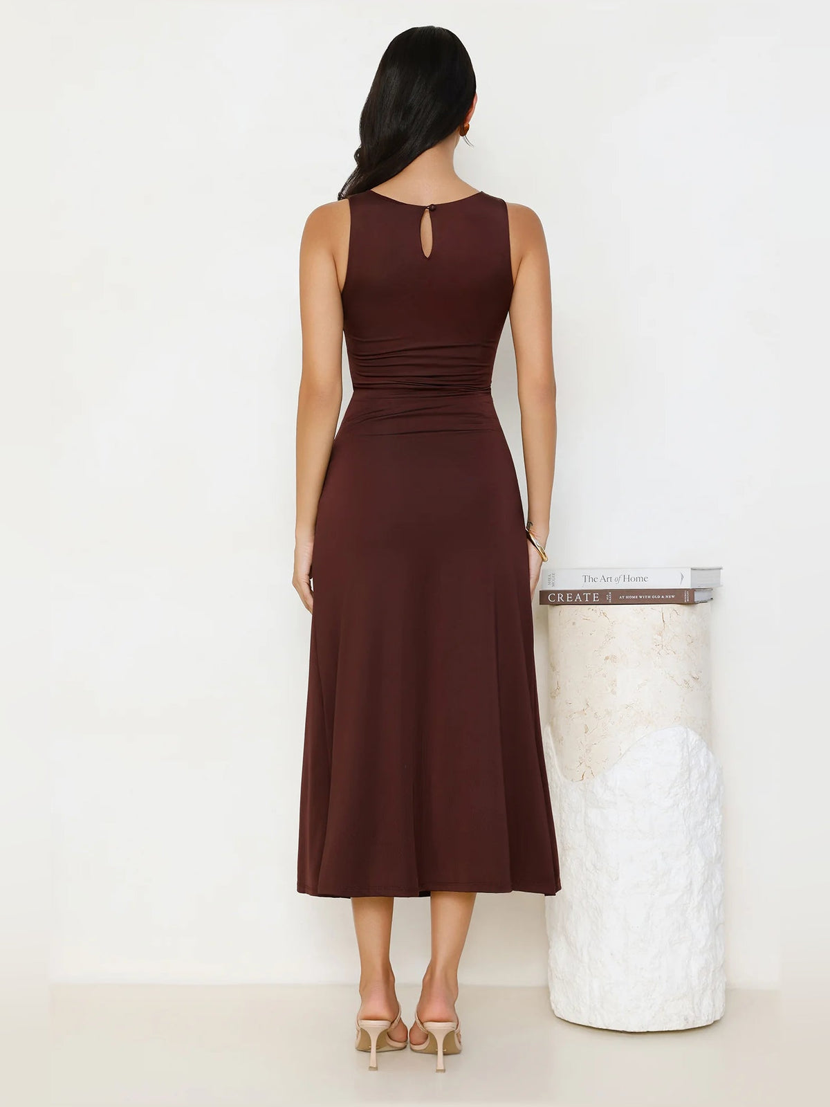 Chocolate sleeveless midi formal dress with open-back keyhole and ruched waist
