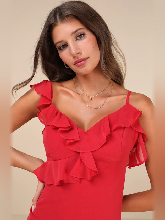 Red ruffled V-neck mini dress with layered shoulder ruffles and thin straps