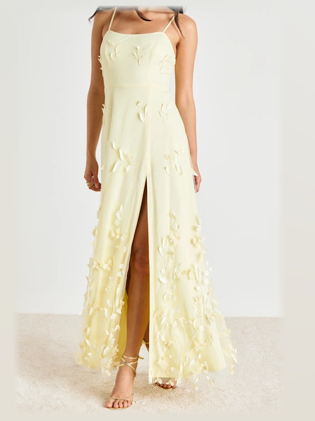 Pale Yellow formal dress with flower-applique detailing