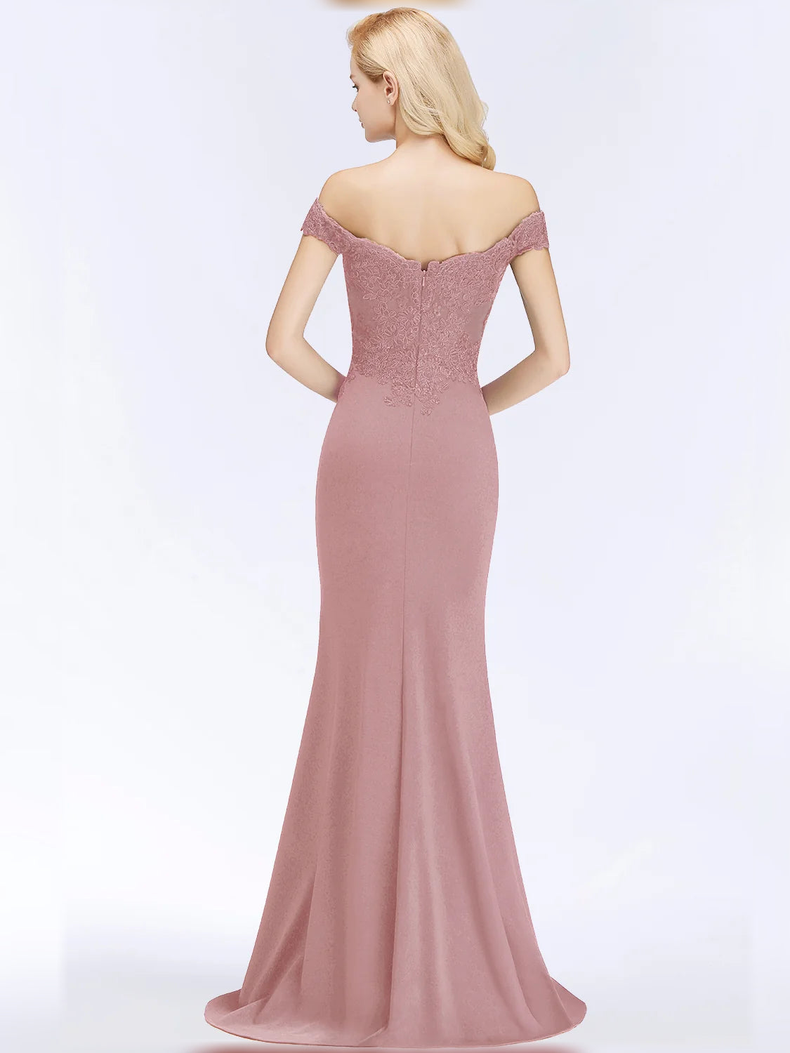 Dusty rose off-shoulder mermaid satin dress with lace bodice, floor-length, back