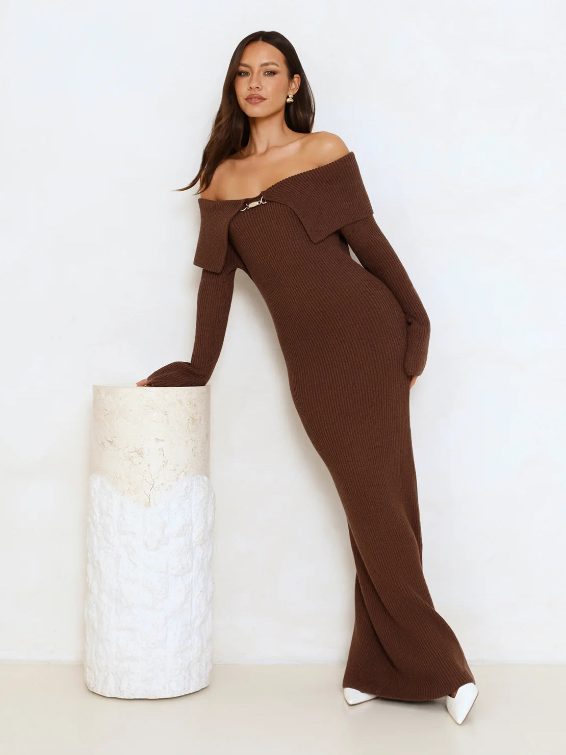 Brown formal dress with a-line detailing