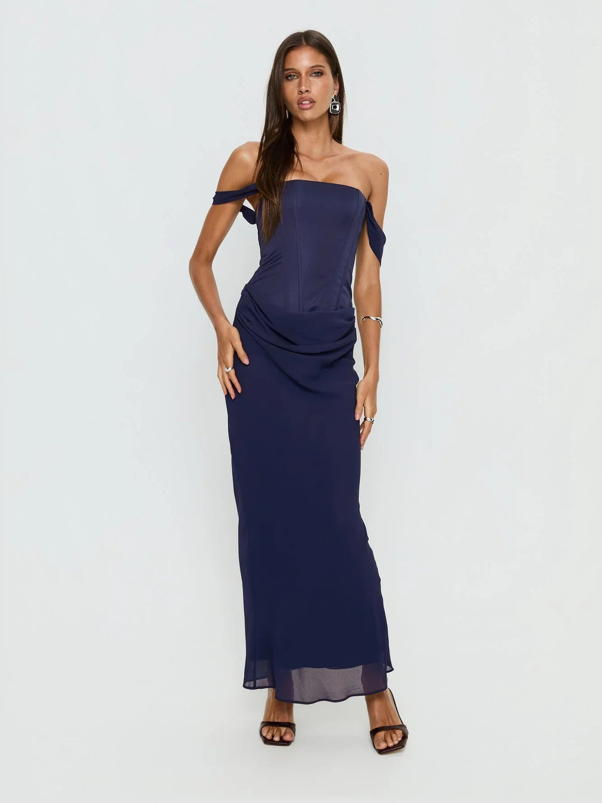 Navy formal dress with corset detailing