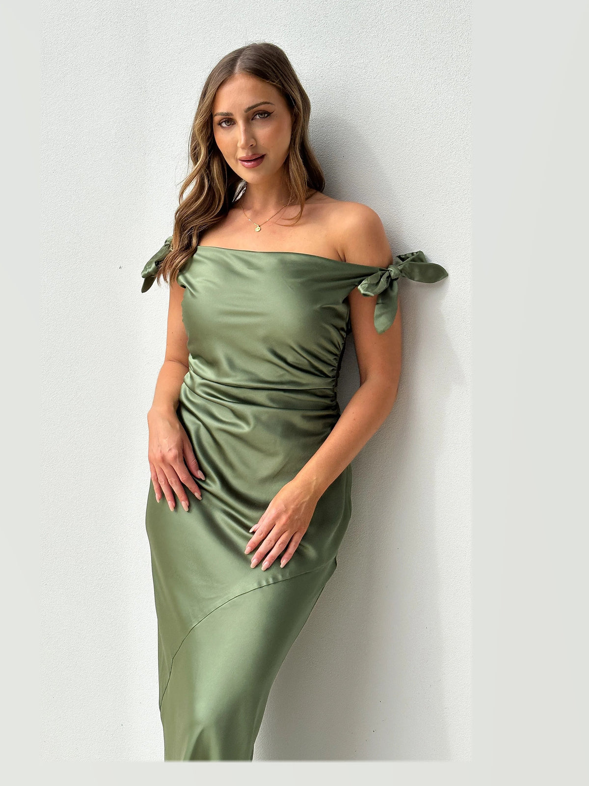 Olive maxi formal dress, alternate full-length view showing the skirt