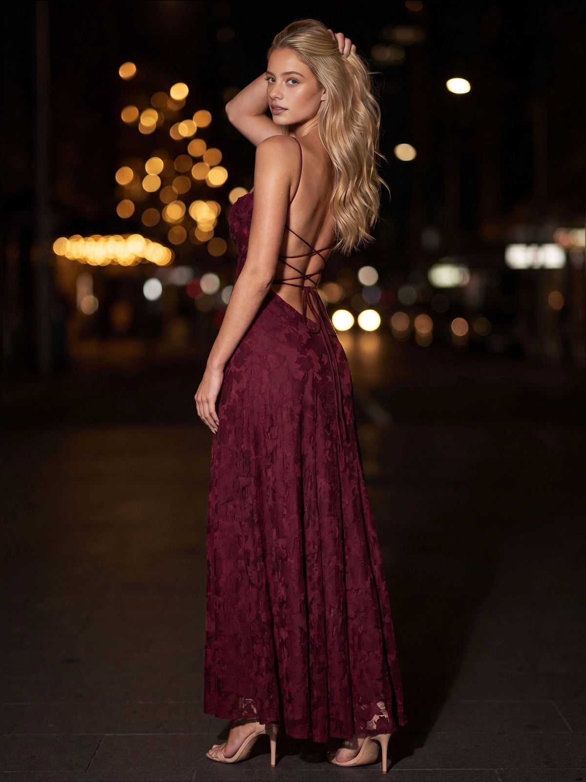 Floral straight-neck A-line maxi dress, deep red with strappy back view