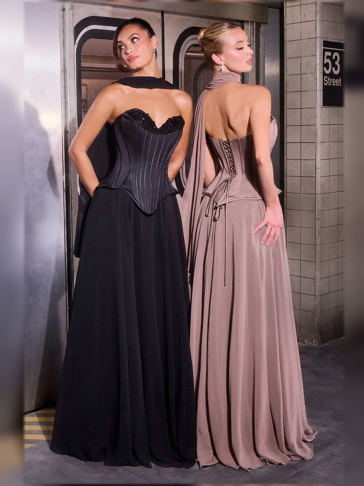Black halter corset formal dress with lace bodice and lace-up back, floor-length