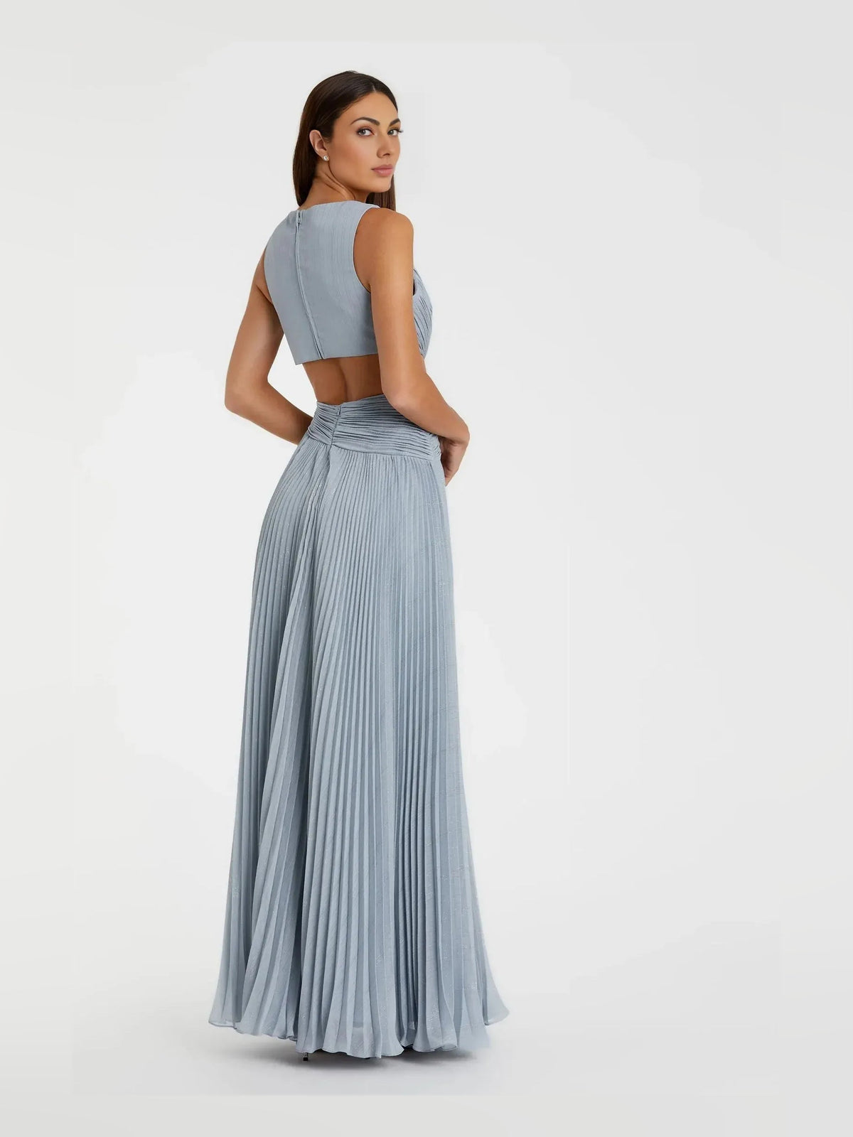Dusty blue pleated maxi prom dress with sleeveless V-neck and open back