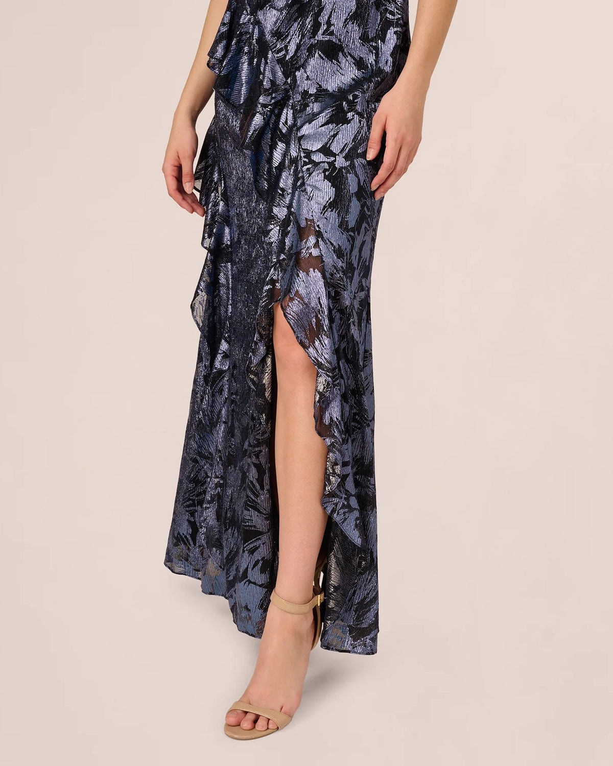 Navy printed maxi skirt with front slit and gathered ruffle detail at waist