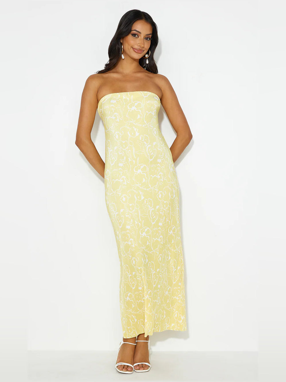Yellow sheath maxi formal dress with strapless neckline, alternate full-length view showing the waist