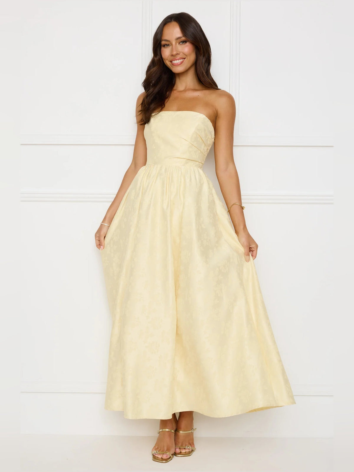 Yellow a-line maxi formal dress with strapless neckline, alternate view showing the waist