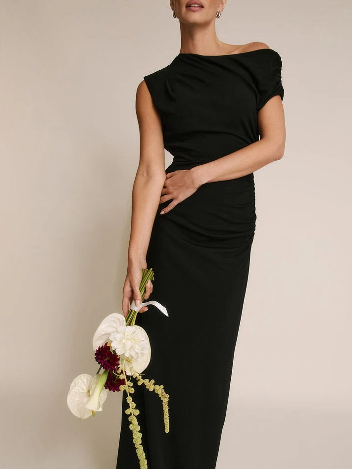 Black one-shoulder draped sheath maxi dress with ruched skirt