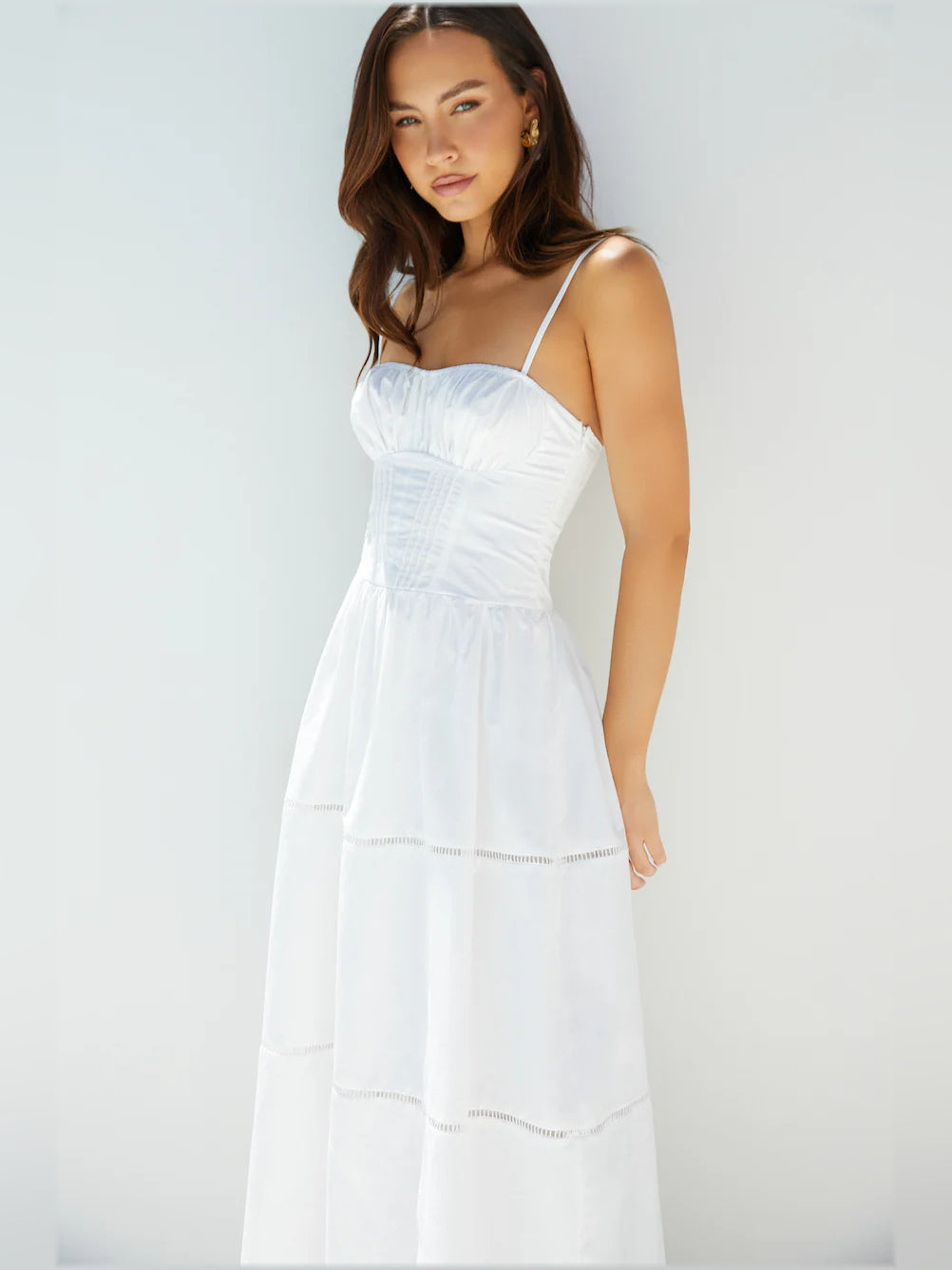 White a-line maxi formal dress with tiered skirt, alternate view showing the waist