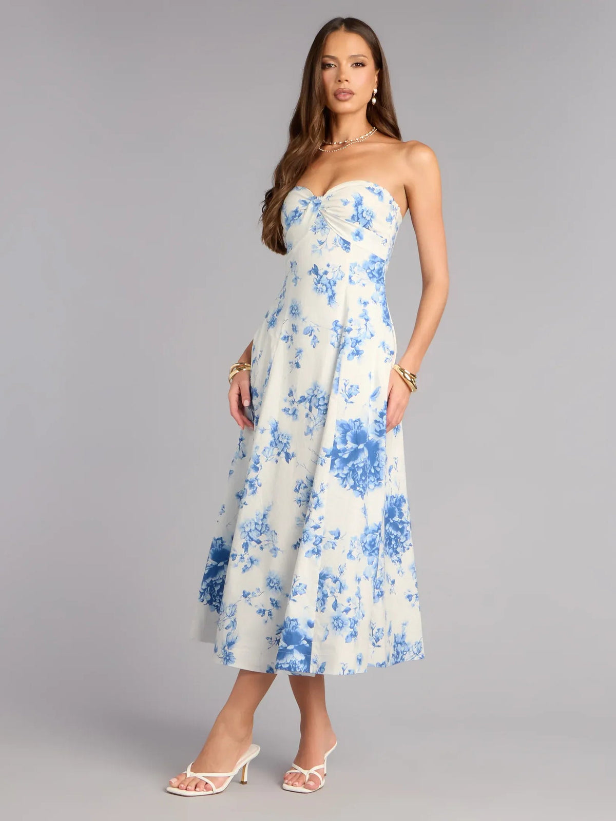 Blue floral print strapless A-line midi dress with sweetheart neckline and bow