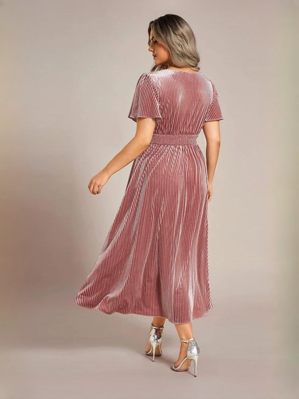 Dusty pink velvet A-line midi dress with V-neck and flutter sleeves