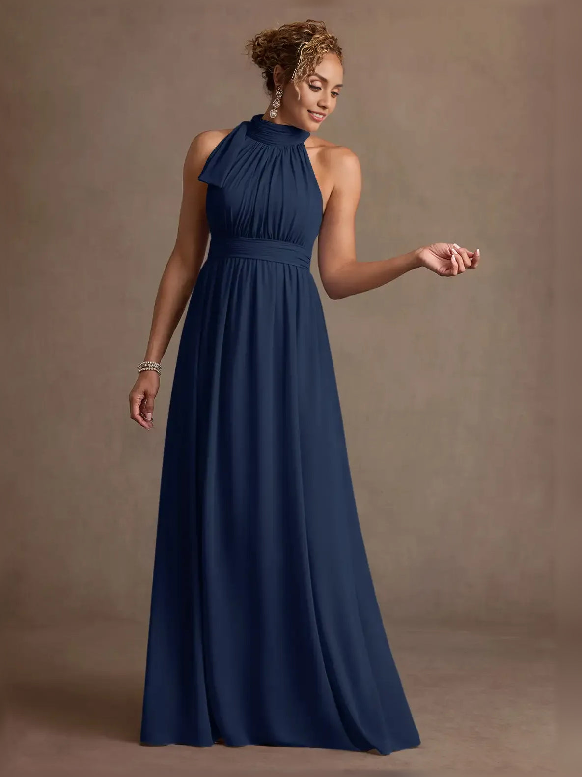 Navy halter ruched A-line maxi dress with gathered waist