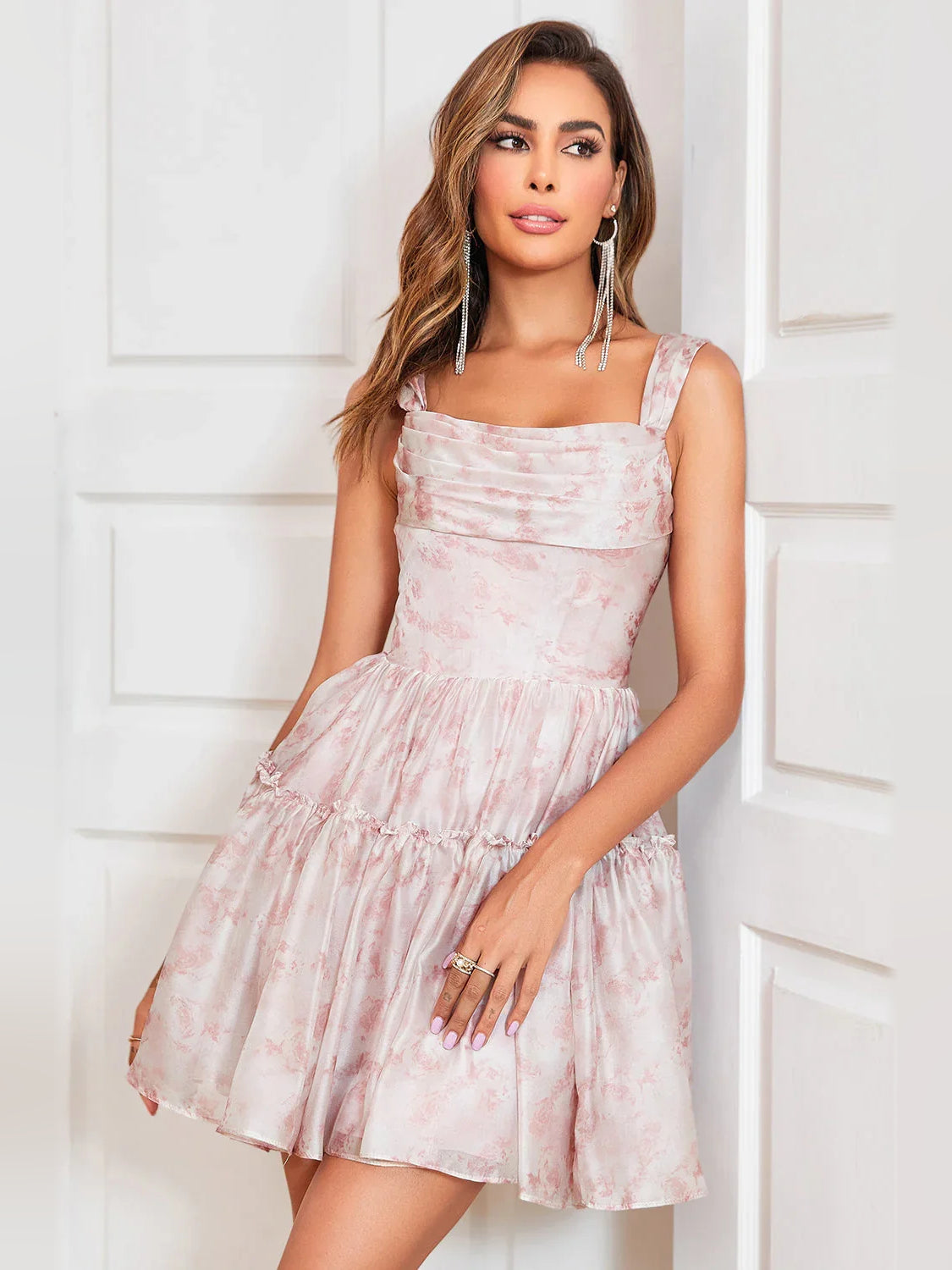 Blush pink floral square-neck A-line mini dress with gathered ruffle tiers