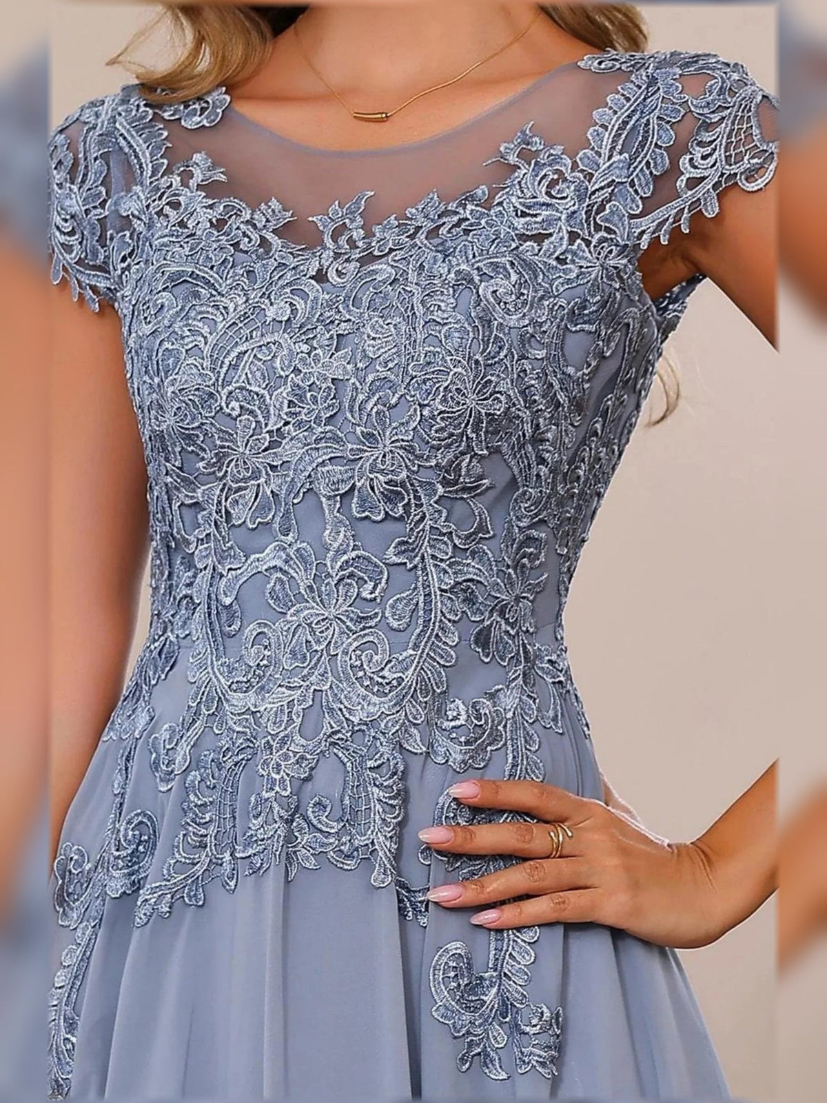 Dusty blue lace cap-sleeve A-line dress with embroidered illusion neckline