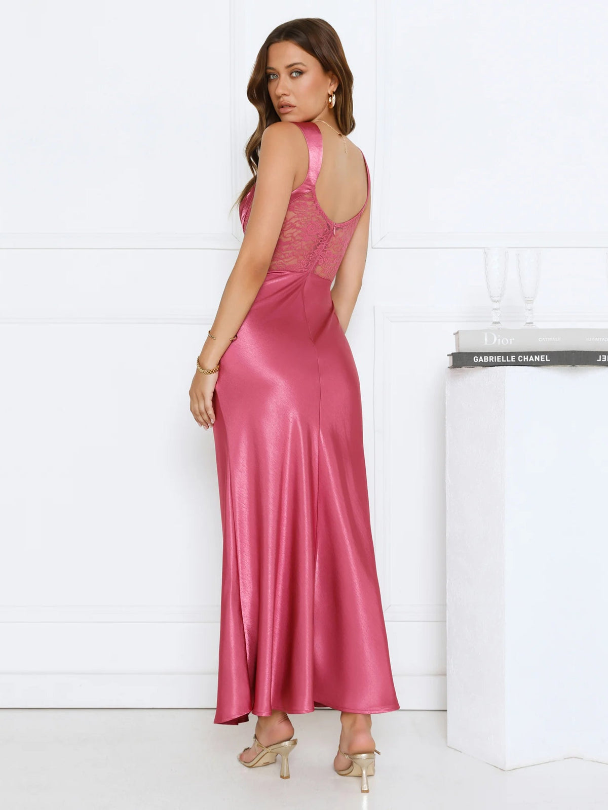 Rose sheath maxi formal dress with cowl neckline, alternate view showing the waist