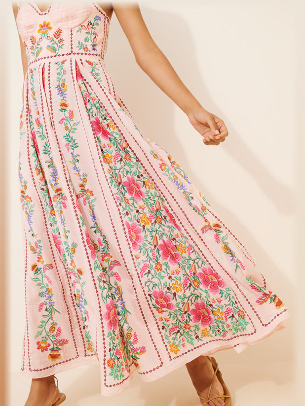 Pink Floral Print midi formal dress, alternate full-length view showing the skirt